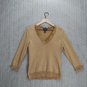 Chaps Metallic Gold Ruffle Collar Sweater-Sz M